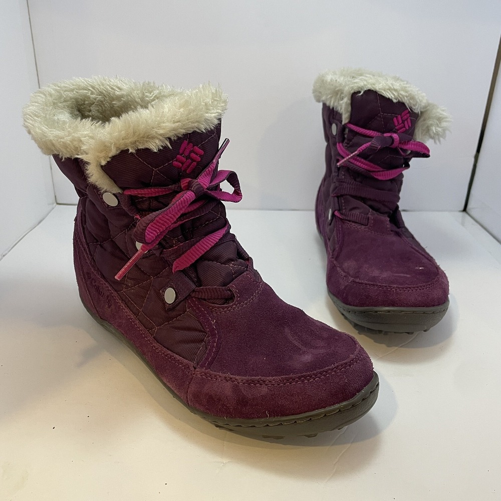 Columbia Powder Summit Shorty Purple Suede Quilted Faux Fur Snow Boot Womens 6.5